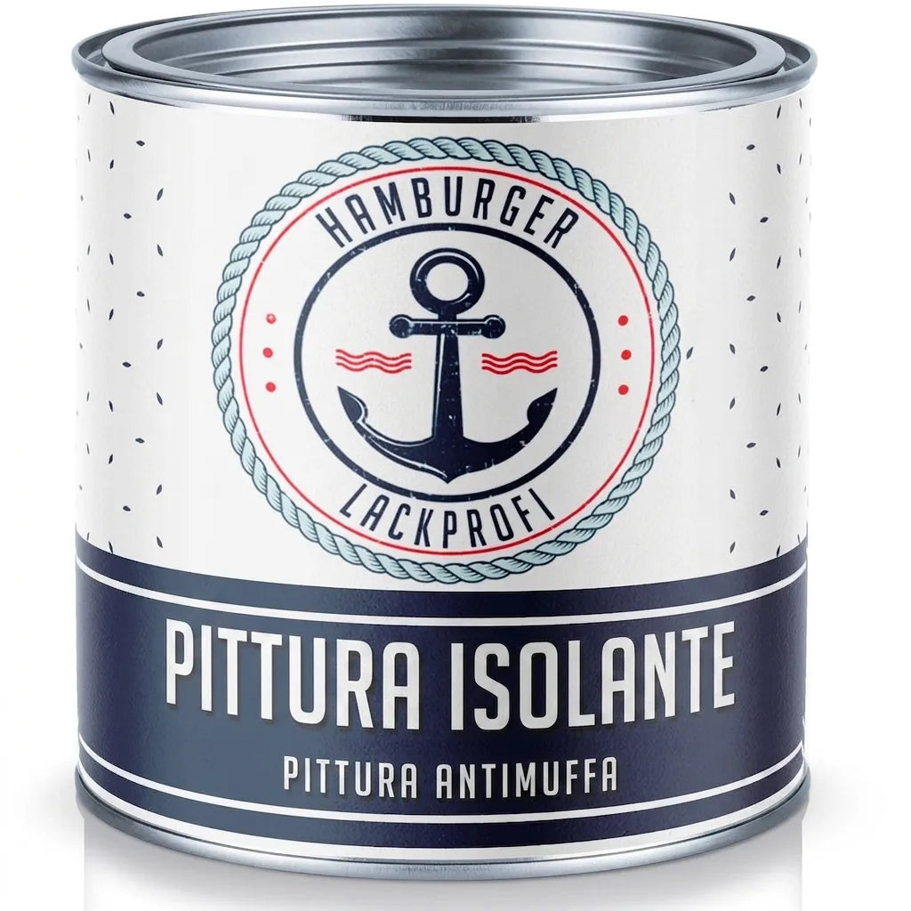 Barattolo di vernice isolante e antimuffa Hamburger Lackprofi con logo ancora e scritte in tedesco.