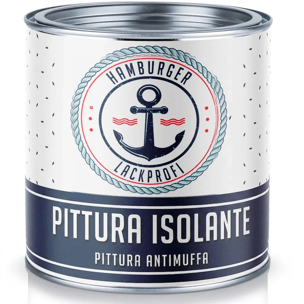 Barattolo di vernice isolante e antimuffa Hamburger Lackprofi con logo ancora e scritte in tedesco.