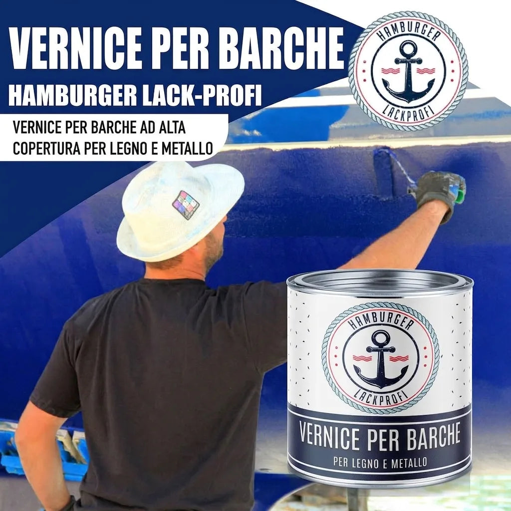 Uomo che vernicia una barca, con una latta di pittura per barche Hamburger Lack-Profi per legno e metallo.