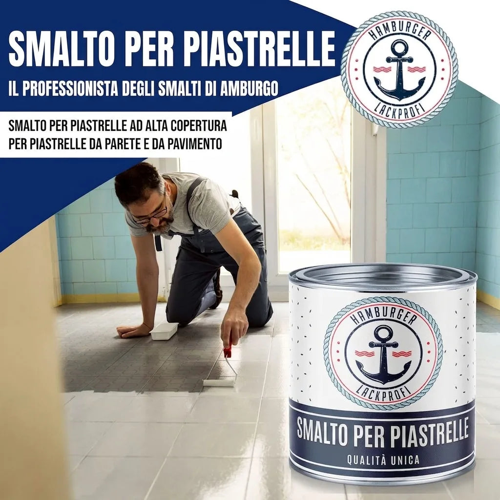 Uomo dipinge piastrelle con vernice ad alta copertura Fliesenlack di Hamburger Lack-Profi. Per pareti e pavimenti.