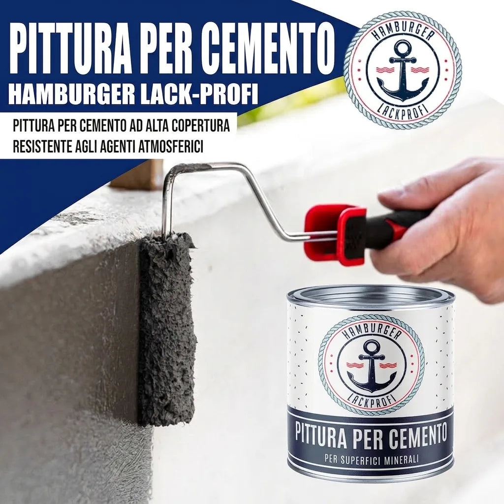 Vernice per cemento Hamburger Lack-Profi. Pittura grigia ad alta copertura e resistente alle intemperie per superfici minerali.