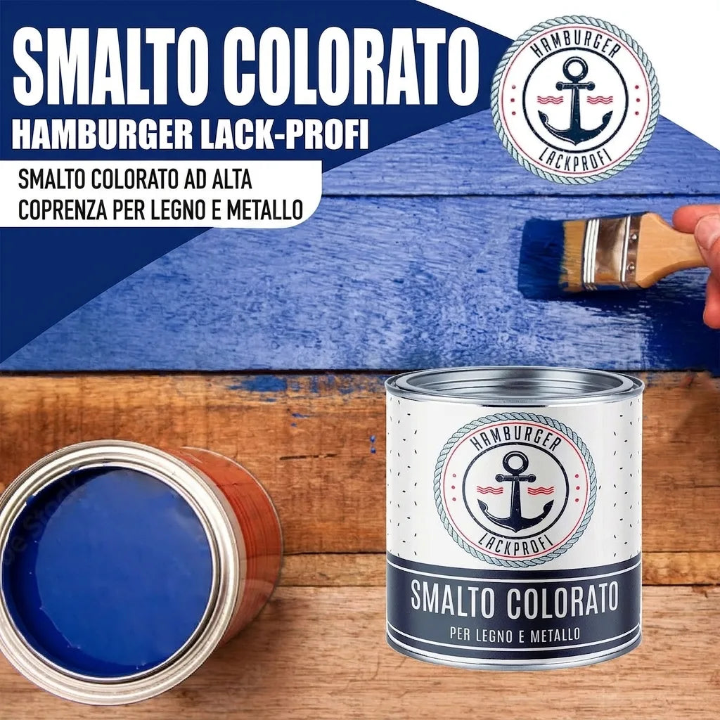 Smalto colorato blu Hamburger Lack-Profi ad alta copertura per legno e metallo su tavole di legno.