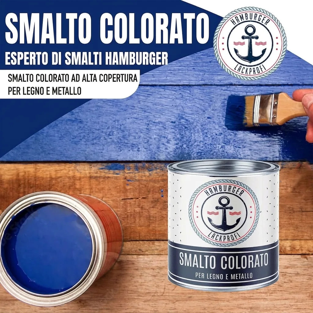Vernice blu altamente coprente per legno e metallo. Latta di smalto colorato Hamburger Lack-Profi su tavolo.