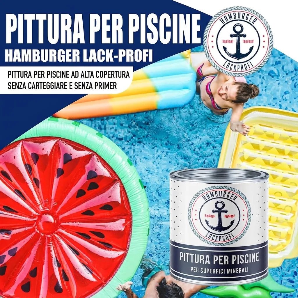 Vernice per piscina Hamburger Lack-Profi. Altamente coprente, senza levigare né primer. Lattina in piscina.