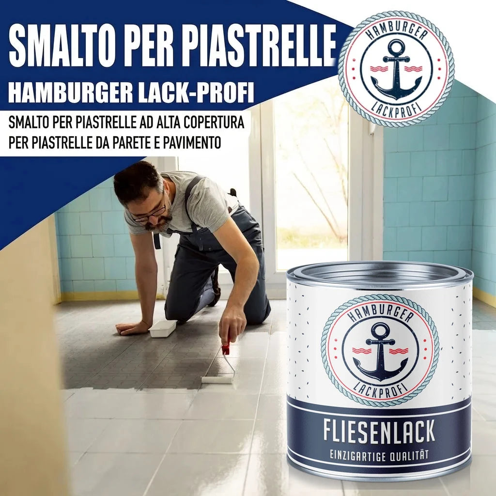 Vernice per piastrelle "FLIESENLACK" di Hamburger Lack-Profi, applicata da un uomo su un pavimento.
