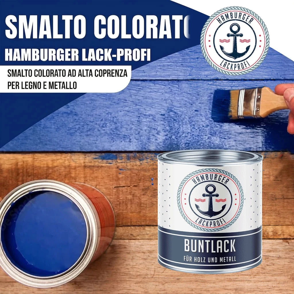 Smalto colorato Hamburger Lack-Profi blu su legno, con pennello e barattoli "BUNTLACK FÜR HOLZ UND METALL"