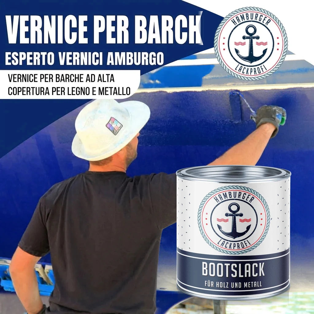 Vernice per barche "Hamburger Lackprofi Bootslack" per legno e metallo, applicata su una barca blu.