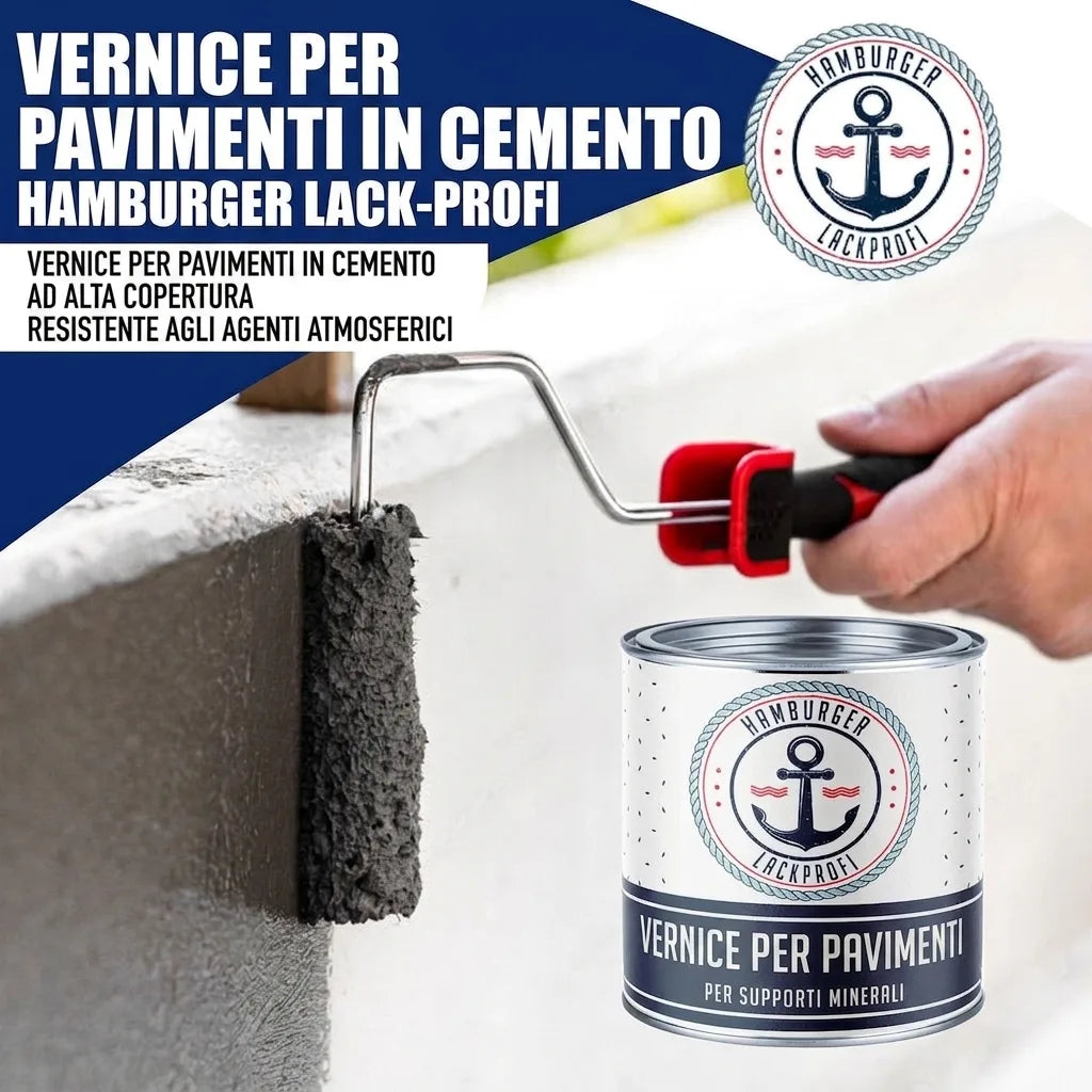 Pittura grigia per cemento Hamburger Lack-Profi, applicata con rullo. Alta copertura, resistente intemperie.
