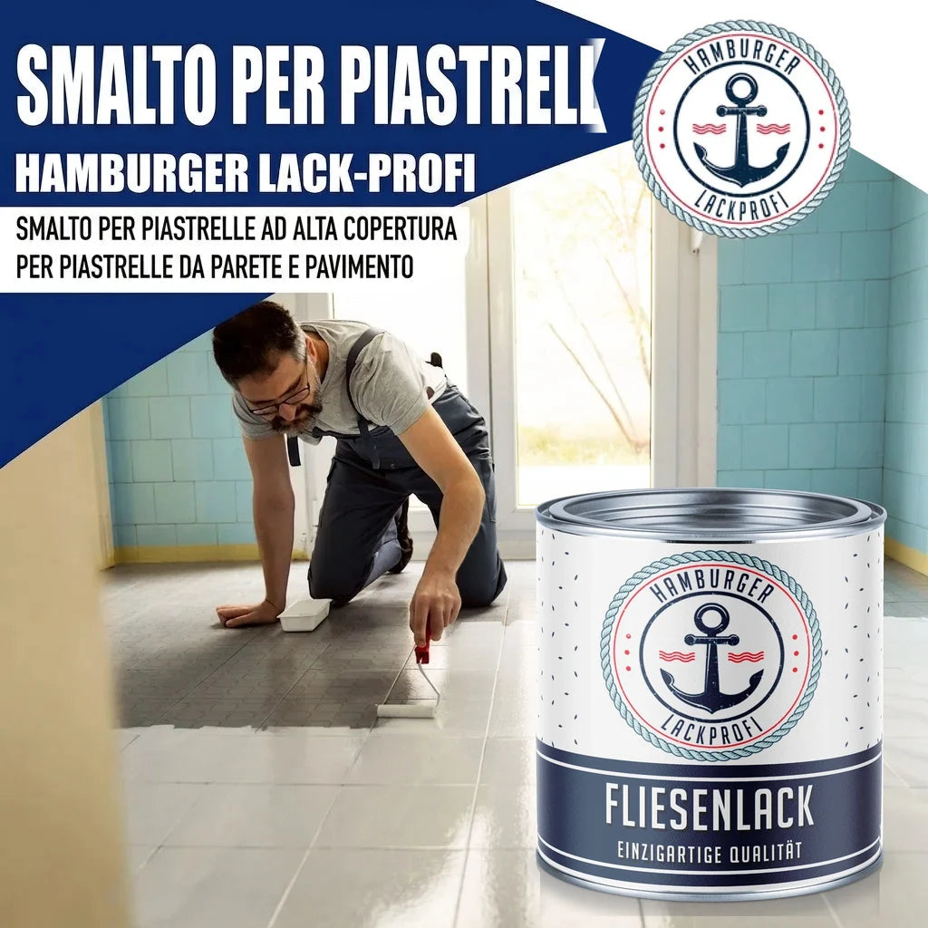 Vernice per piastrelle "FLIESENLACK" di Hamburger Lack-Profi, applicata da un uomo su un pavimento.