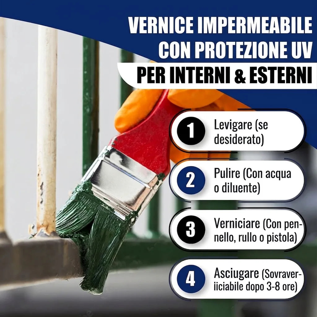 Istruzioni per l'applicazione di vernice resistente alle intemperie e ai raggi UV per interni ed esterni su una ringhiera metallica.