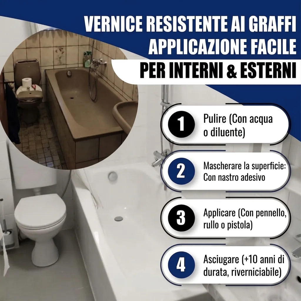 Vernice bianca antigraffio per interni ed esterni. Trasformazione vasca bagno. Applicazione facile in 4 passaggi.