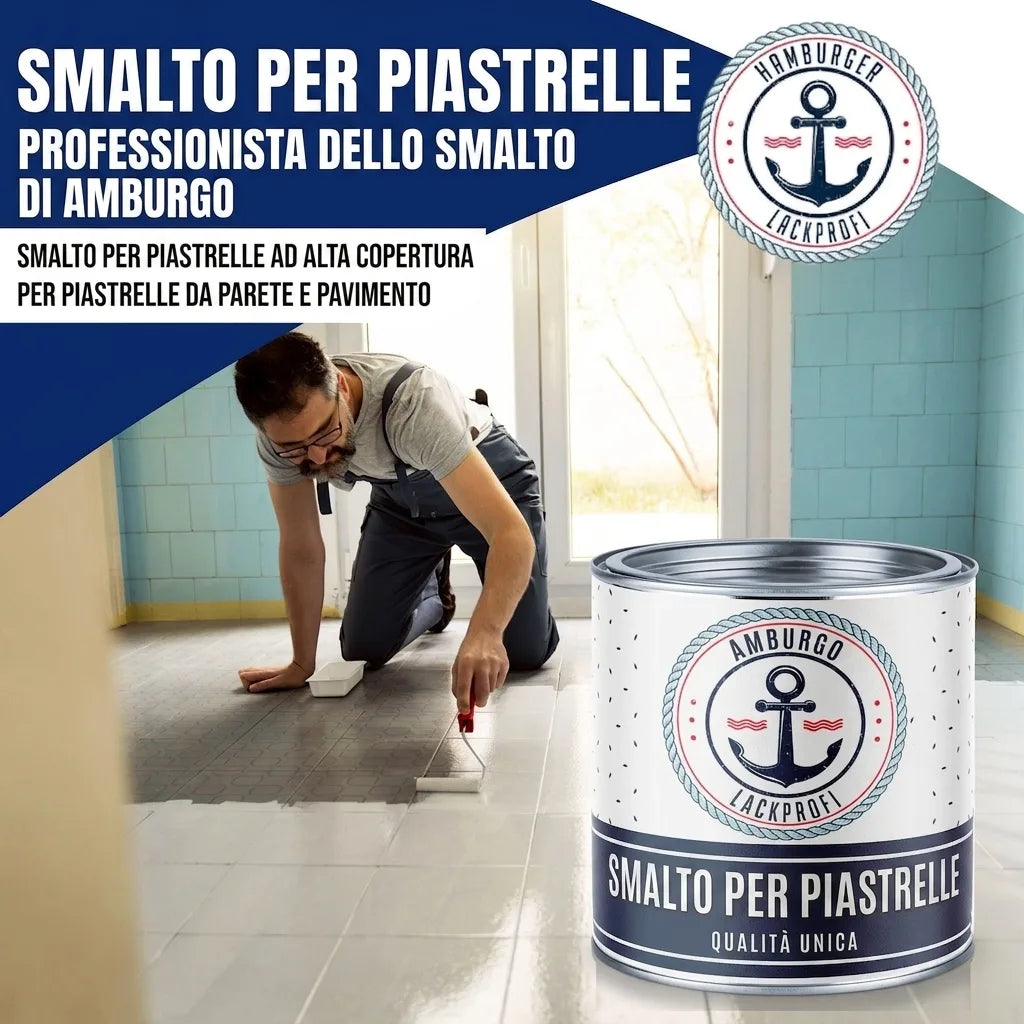 Uomo che dipinge piastrelle del pavimento con smalto bianco. Barattolo di smalto per piastrelle Hamburger Lack-Profi.