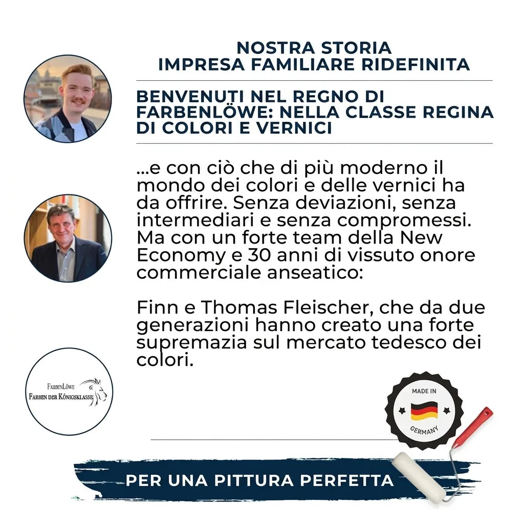 Descrizione dell'azienda familiare tedesca FarbenLöwe con ritratti, testo su vernici, e sigillo Made in Germany.