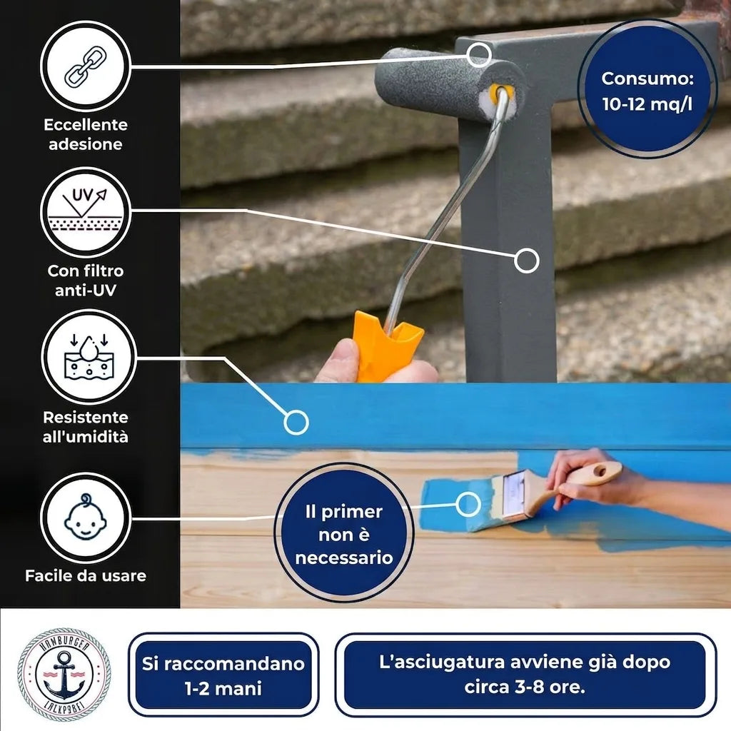 Caratteristiche vernice: ottima aderenza, protezione UV, resistente umidità, facile, no primer. Consumo 10-12mq/l, asciugatura 3-8h.