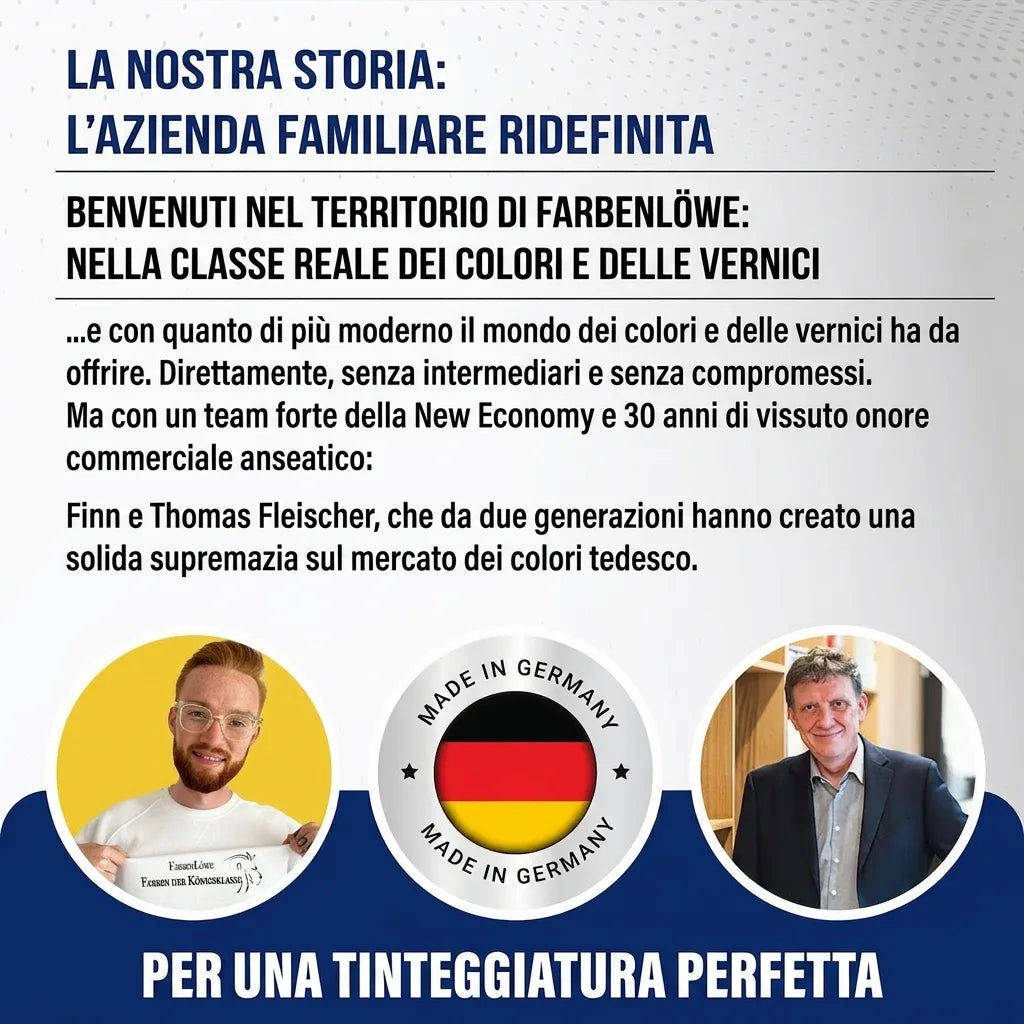 Marketing tedesco per "Farbenlöwe", un'azienda di vernici familiare. Foto dei fondatori e claim "Made in Germany".