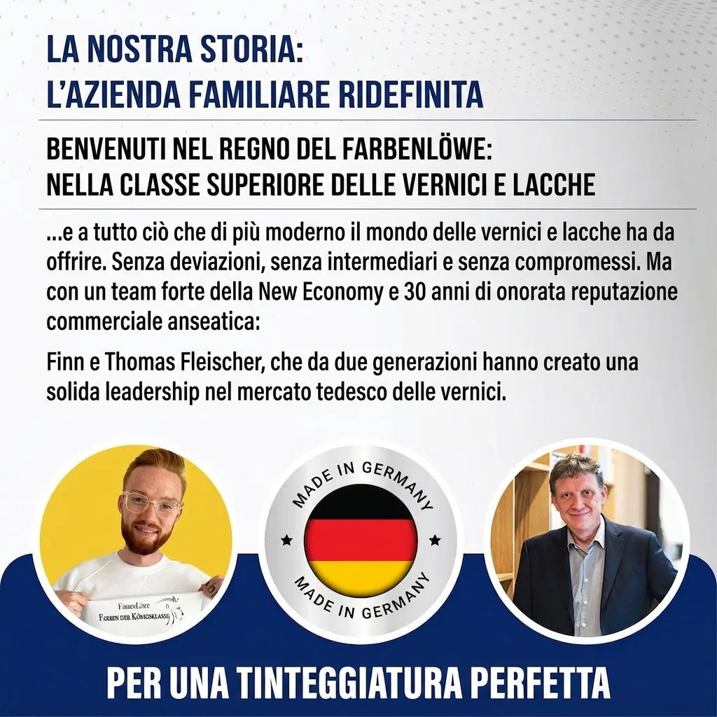 Testo tedesco su un'azienda familiare di vernici, con ritratti di due uomini e l'etichetta 'Made in Germany'.