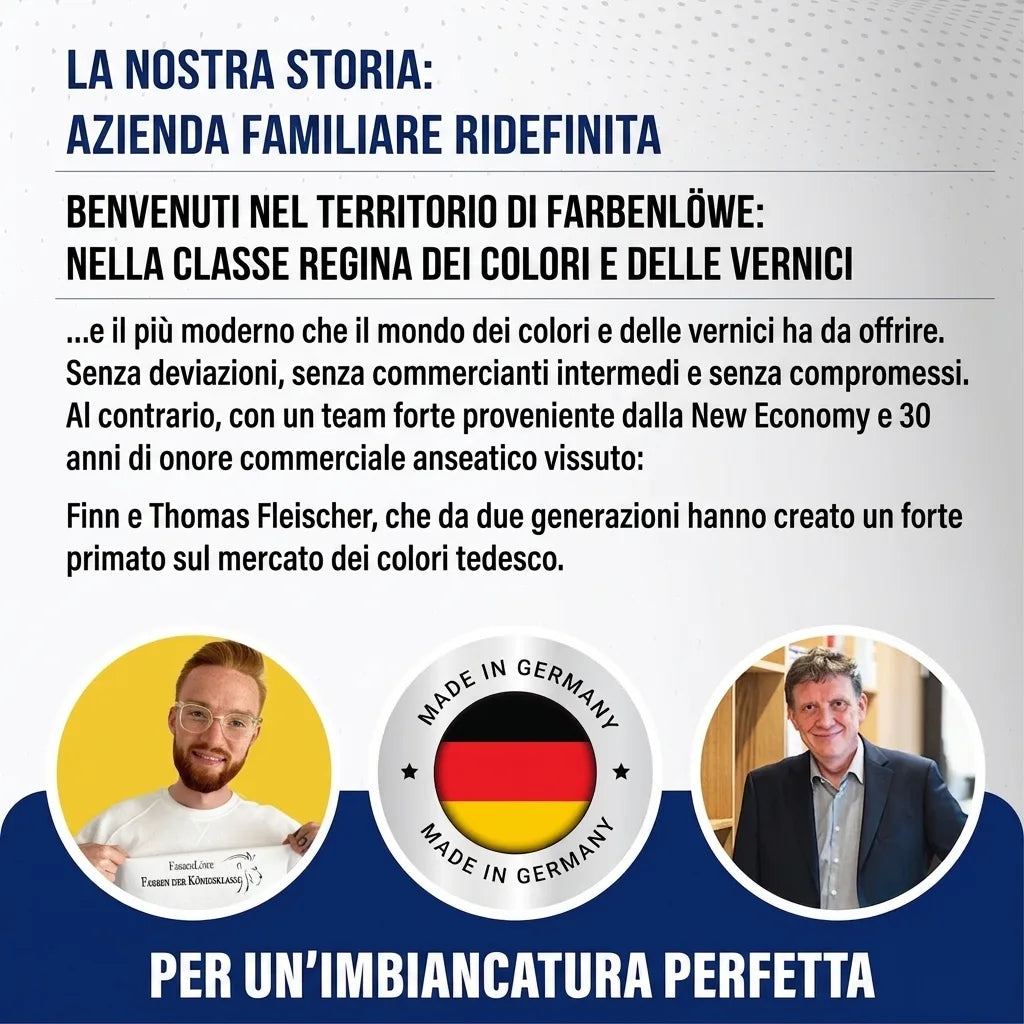 Presentazione di Farbenlöwe, azienda familiare tedesca di vernici e colori, con fondatori e marchio 'Made in Germany'.