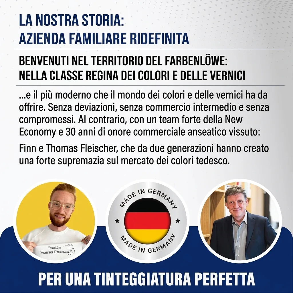 Uomini d'affari tedeschi presentano la loro azienda di vernici premium 'Farbenlöwe', 'Made in Germany'.