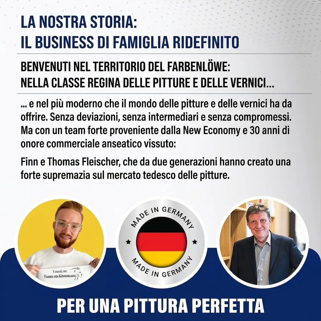 Marketing tedesco per "Farbenlöwe", un'azienda di vernici familiare. Foto dei fondatori e claim "Made in Germany".