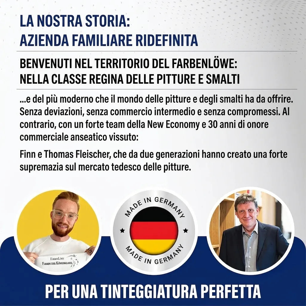 Uomini d'affari tedeschi presentano la loro azienda di vernici premium 'Farbenlöwe', 'Made in Germany'.