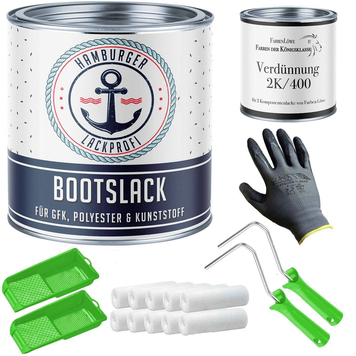 Kit vernice per barche "BOOTSLACK" di Hamburger Lackprofi con diluente "Verdünnung 2K/400" di Farben Löwe, guanti, rulli e va