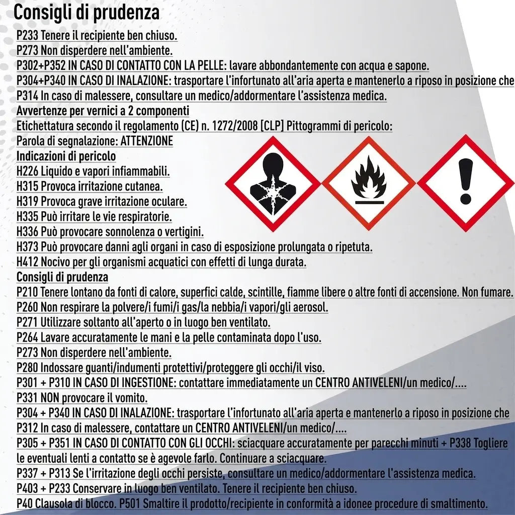 Istruzioni di sicurezza dettagliate e simboli di pericolo CLP per prodotti chimici.