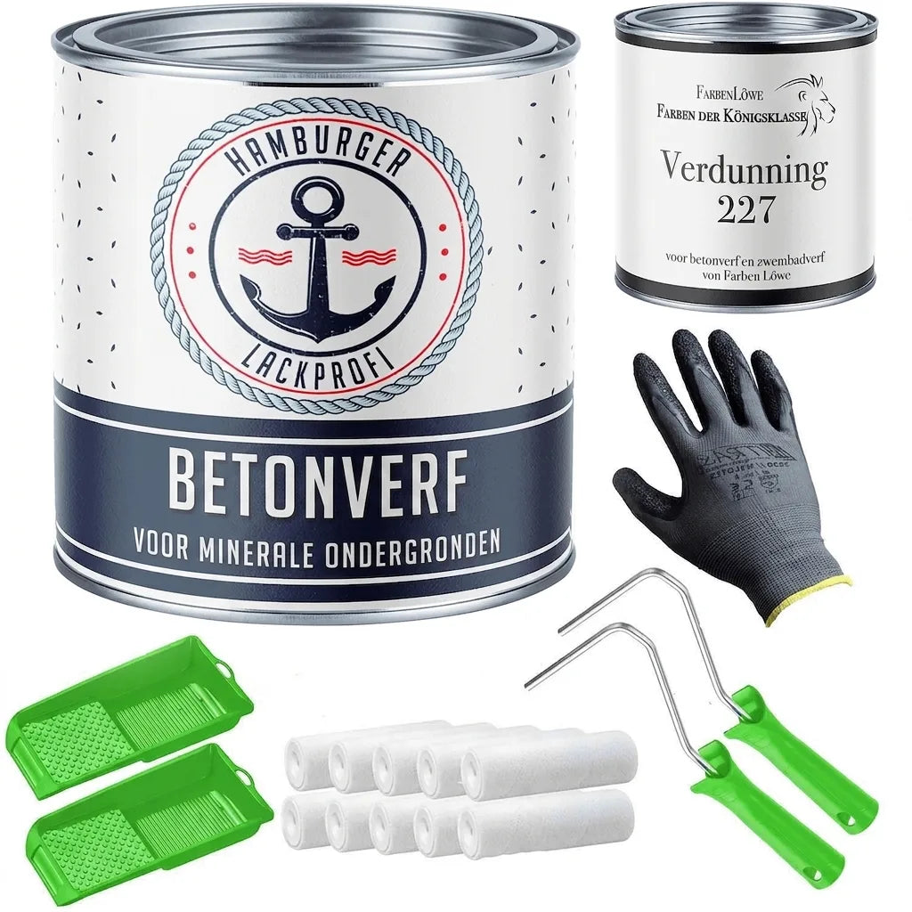 Complete betonverfset: verfblik, verdunner, handschoenen, 2 rollerbeugels, 2 verfbakken & 8 verfrollen.