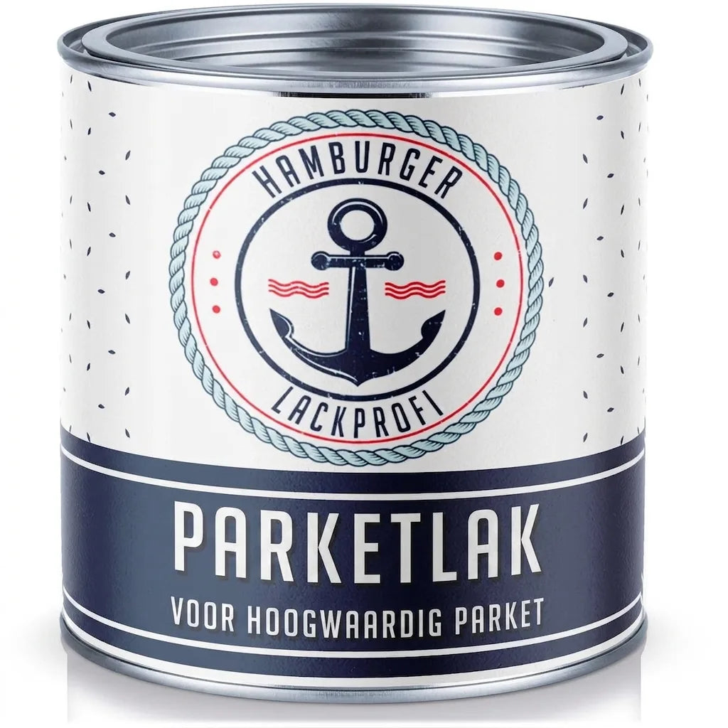 Verfblik met opschrift 'PARKETTLACK' voor hoogwaardig parket, van het merk Hamburger Lackprofi.
