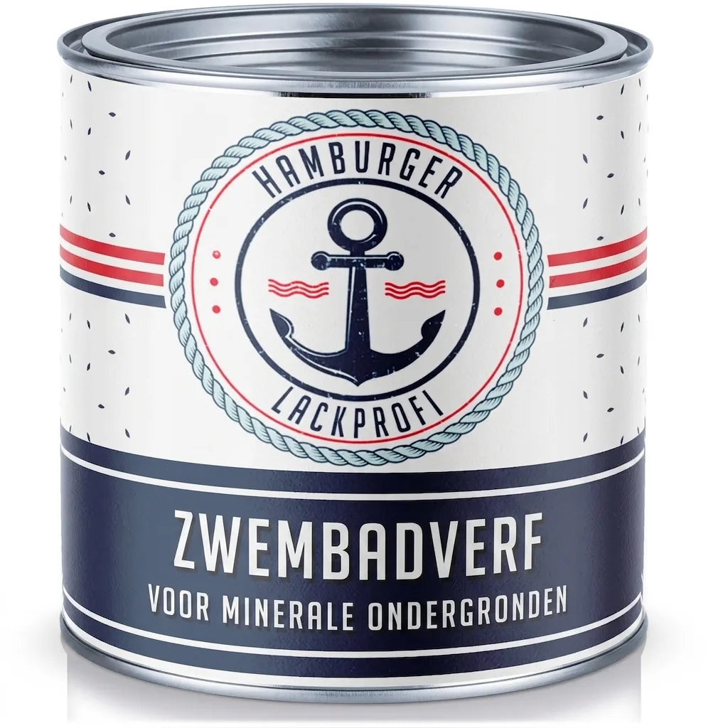 Blauw-wit blik Hamburger Lackprofi zwembadverf met ankerlogo, voor minerale ondergronden.