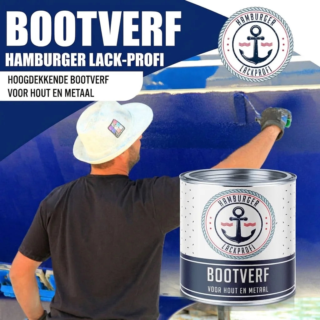 Man schildert boot blauw met Hamburger Lack-Profi bootverf. Hoogdekkende verf voor hout en metaal.