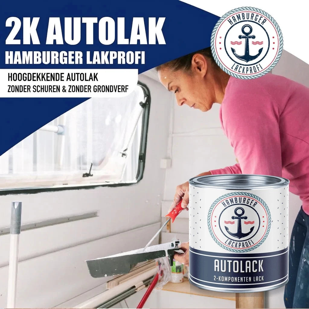 Vrouw schildert camperraam met "AUTOLACK" van Hamburger Lackprofi. Hoogdekkende 2K autolak.