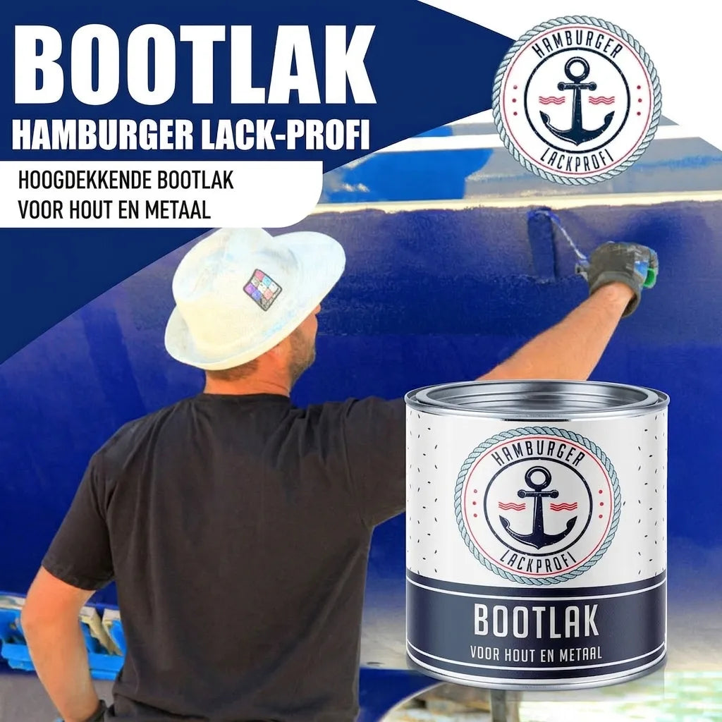 Man schildert boot met Hamburger Lack-Profi bootlak voor hout en metaal. Hoogdekkende verf voor een gladde afwerking.