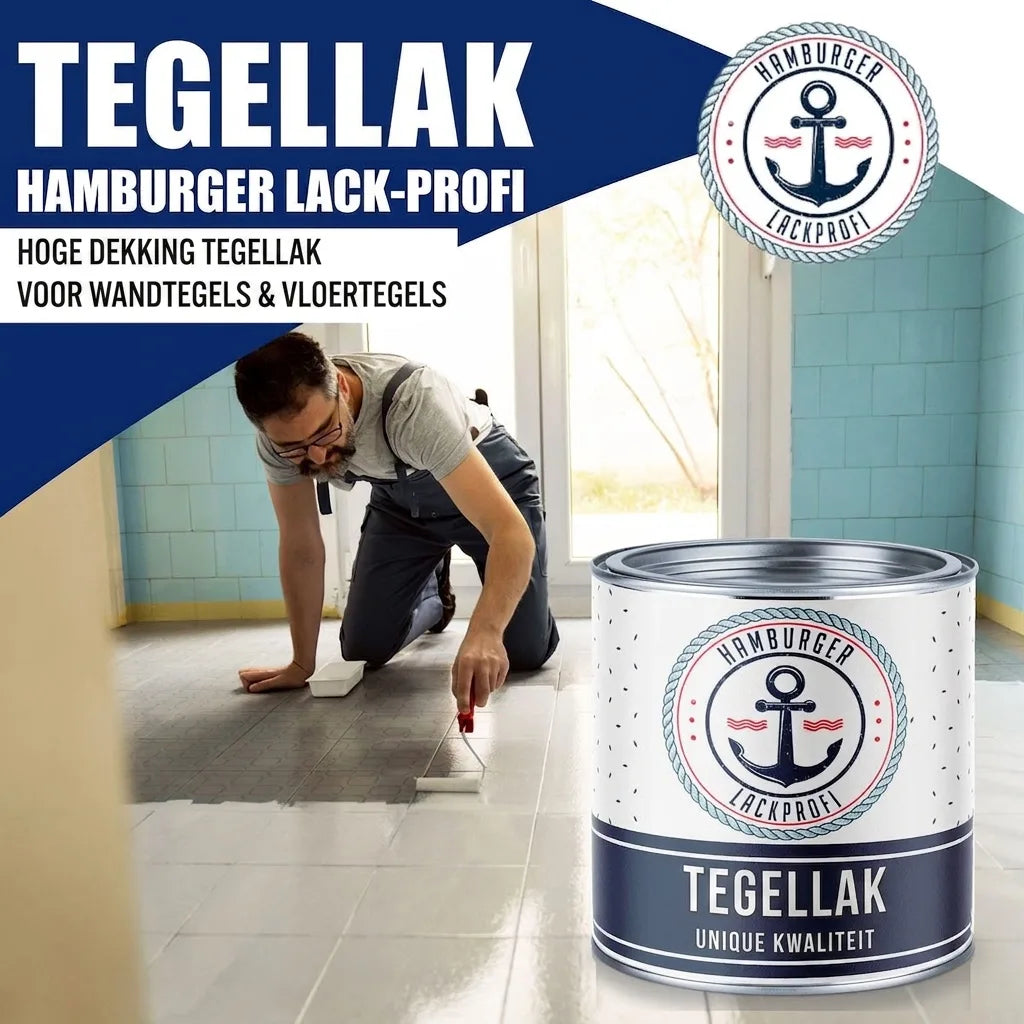 Man schildert vloertegels wit met hoogdekkende Hamburger Lack-Profi tegellak, voor wand- en vloertegels.