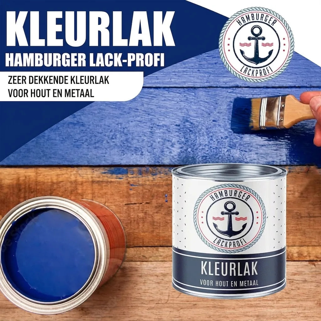Hamburger Lak-Profi hoogdekkende kleurlak voor hout en metaal; blauwe verf op hout, verfblik.