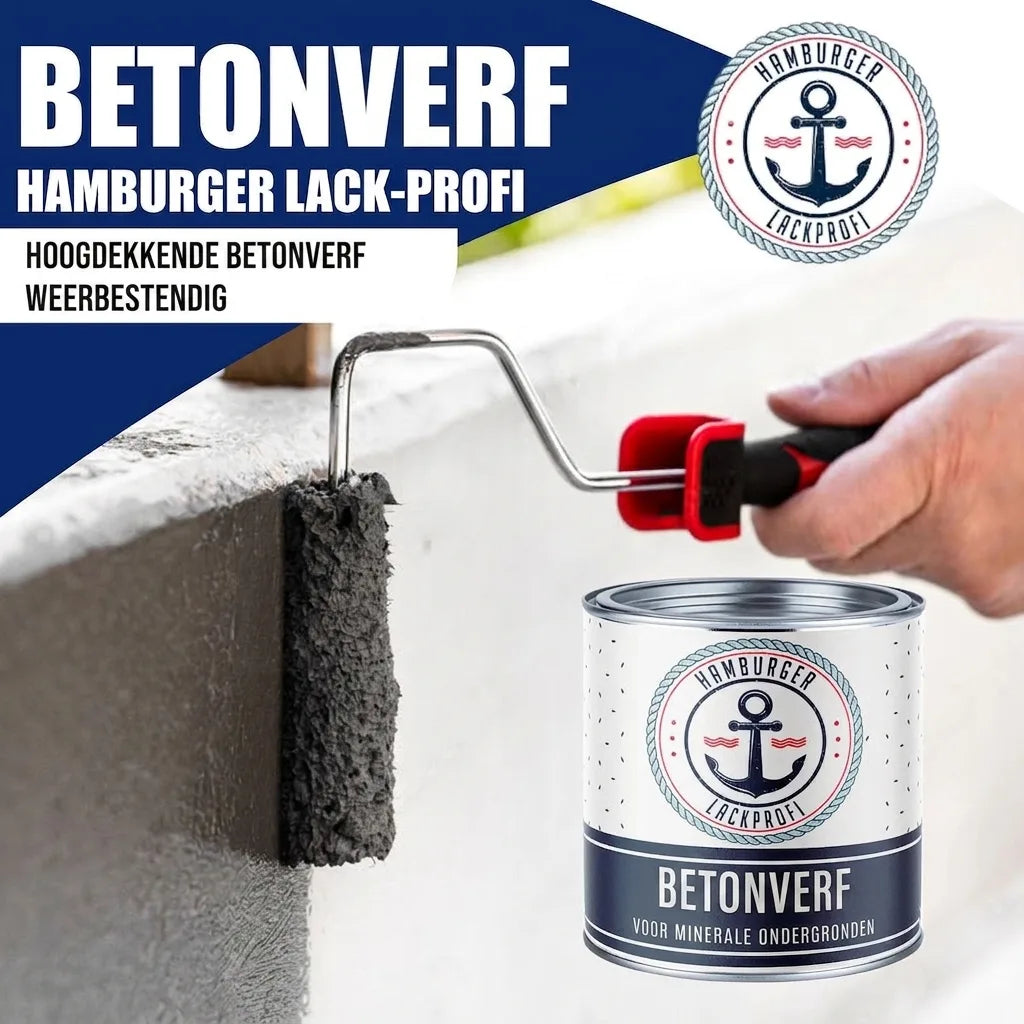 Man schildert betonnen oppervlak met donkergrijze Hamburger Lak-Profi betonverf. Blik hoogdekkende, weerbestendige verf.