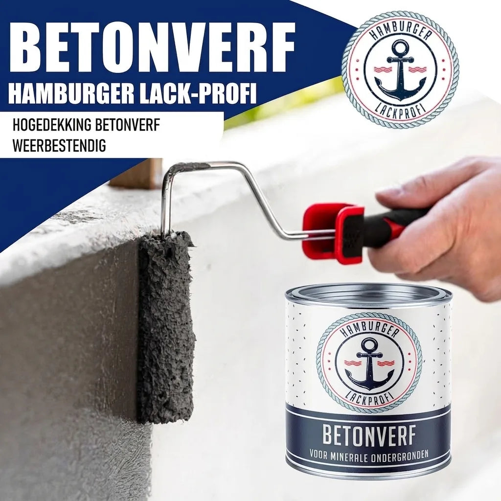 Persoon schildert beton met donkergrijze betonverf van Hamburger Lack-Profi. Hoogdekkend en weerbestendig.