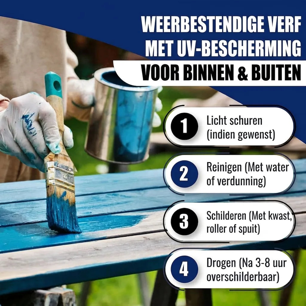 Weerbestendige verf met UV-bescherming voor binnen en buiten. Inclusief 4-staps handleiding voor schilderen.