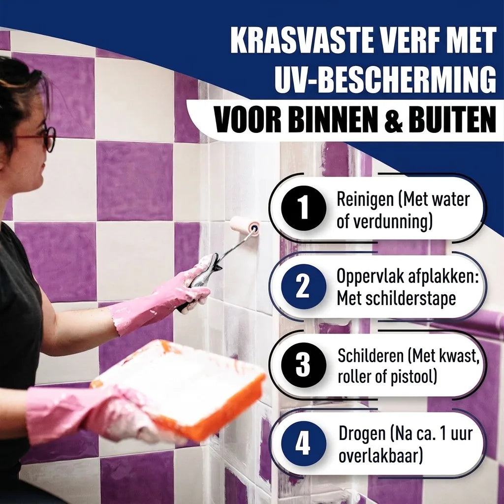 Vrouw schildert tegels wit. Afbeelding toont krasbestendige verf met UV-bescherming voor binnen/buiten en 4 stappen voor het aanbrengen.