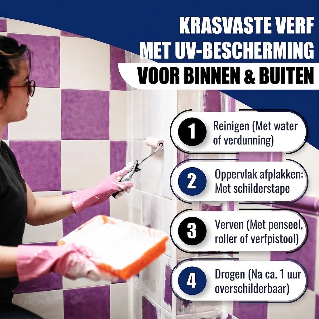 Vrouw schildert tegels wit. Afbeelding toont krasbestendige verf met UV-bescherming voor binnen/buiten en 4 stappen voor het aanbrengen.