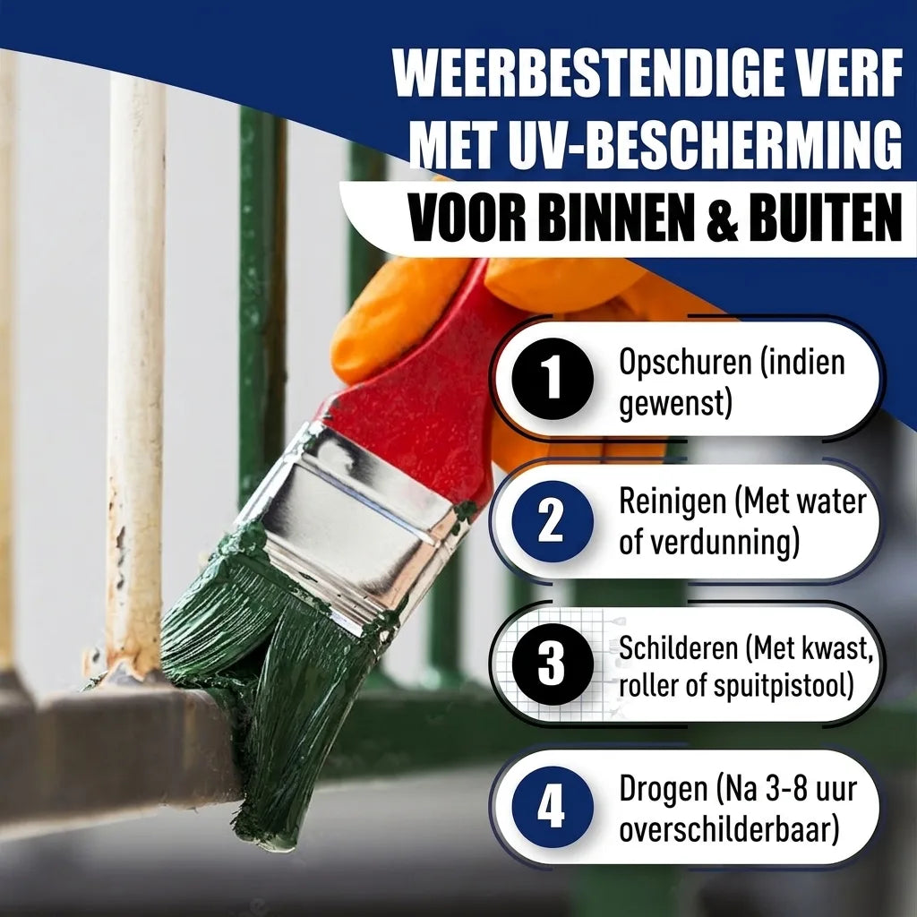 Hand schildert roestig metalen hek groen. Weerbestendige verf met UV-bescherming en 4 applicatiestappen.