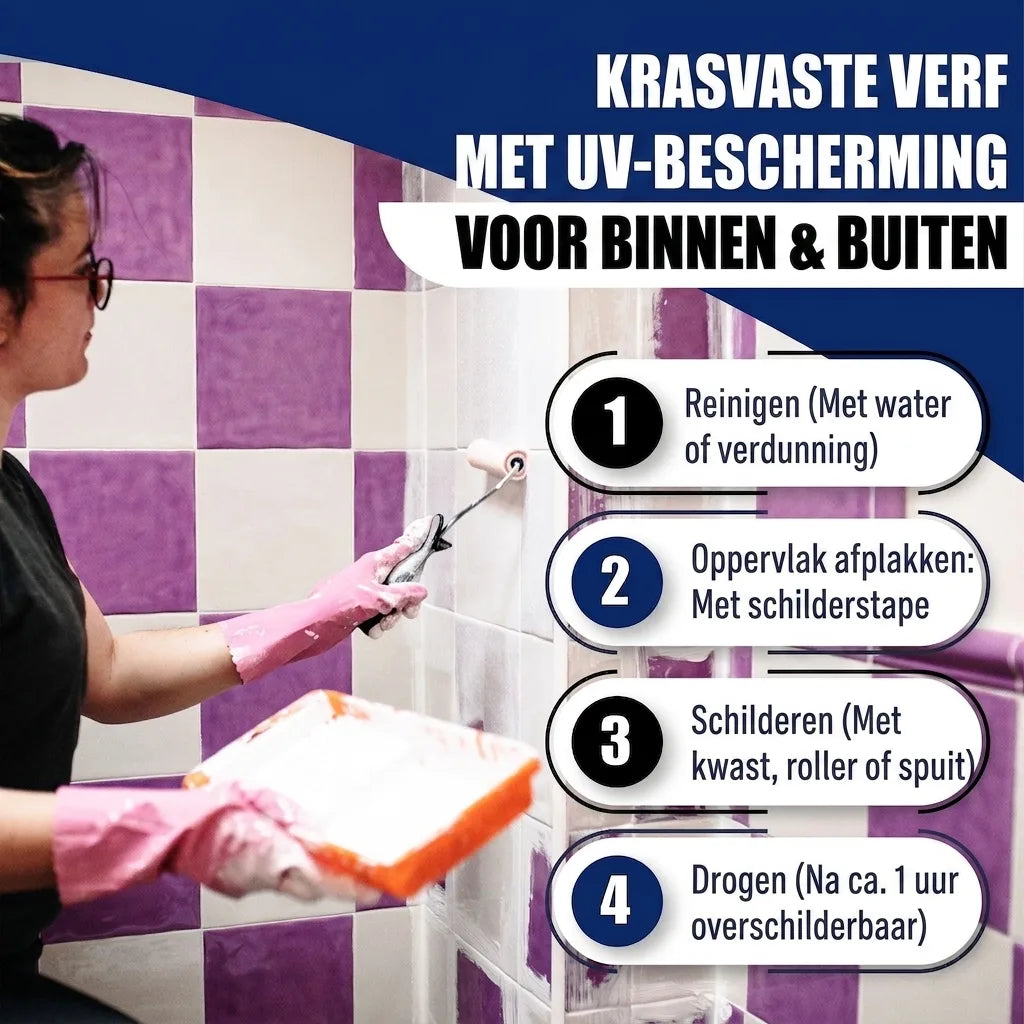 Vrouw schildert tegels met krasbestendige verf met UV-bescherming, met 4 stappen instructies voor binnen & buiten.