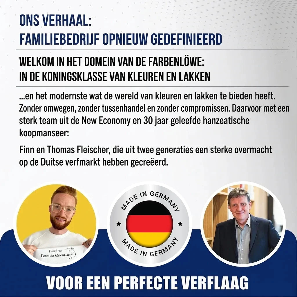 Twee mannen presenteren Duits familiebedrijf voor verf en lak; focus op kwaliteit en 'Made in Germany'.