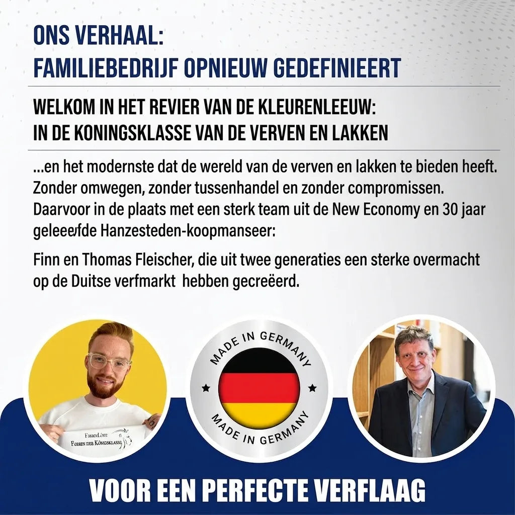 Finn en Thomas Fleischer, twee generaties van verfspecialisten. Introductie van Farbenlöwe, 'Made in Germany' voor een perfecte afwerking.