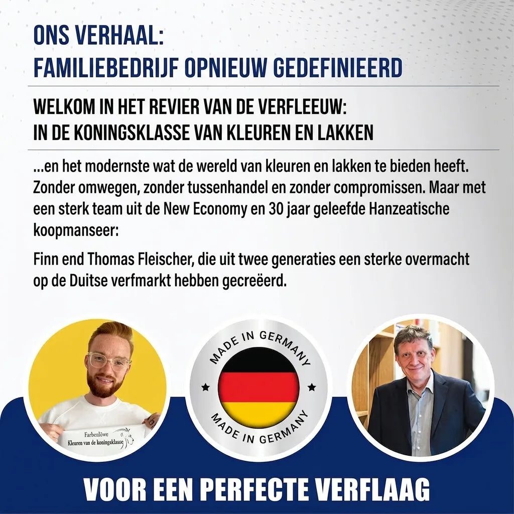 Duitse tekst over familiebedrijf in verf en lak van Finn en Thomas Fleischer, met 'Made in Germany' zegel.
