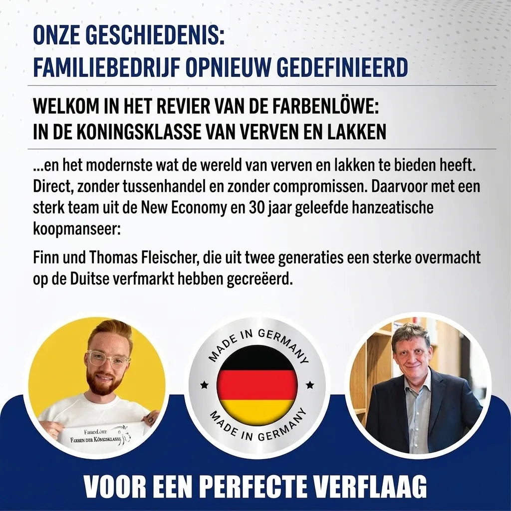 Twee mannen presenteren Duits familiebedrijf voor verf en lak; focus op kwaliteit en 'Made in Germany'.