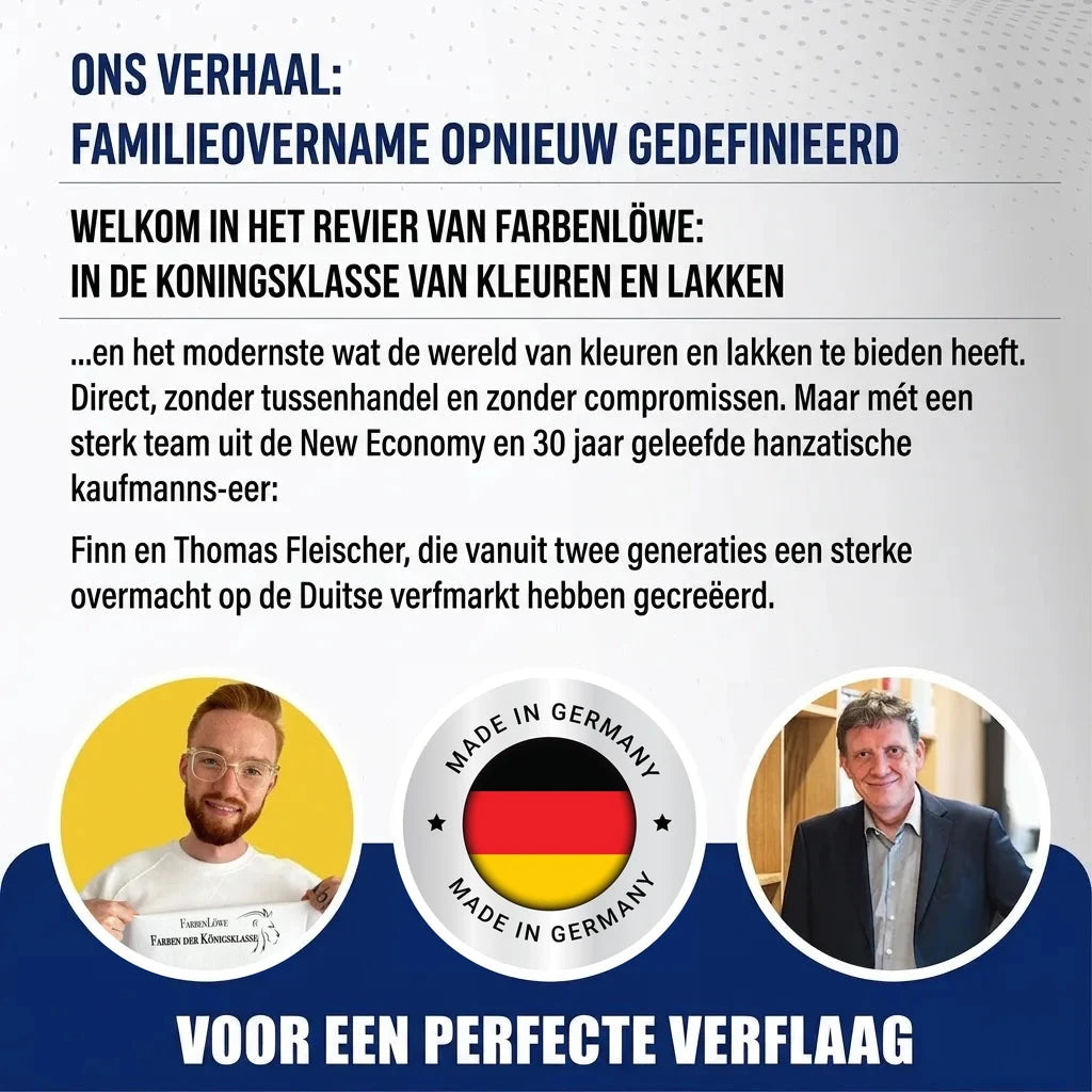 Presentatie van het familiebedrijf Farbenlöwe met Finn en Thomas Fleischer, experts in verf en lak van topkwaliteit, 'Made in Germany'.