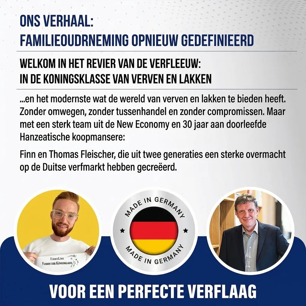 Marketingafbeelding van Farbenlöwe verf met twee mannen, 'Made in Germany' keurmerk en bedrijfstekst.
