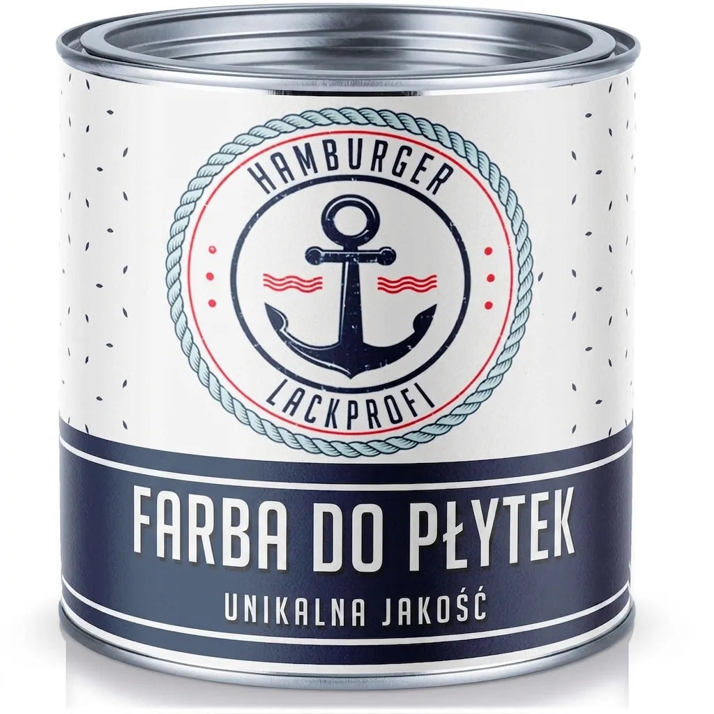 Biała puszka farby do płytek Hamburger Lackprofi Fliesenlack, z logo kotwicy i hasłem 'Wyjątkowa jakość'.