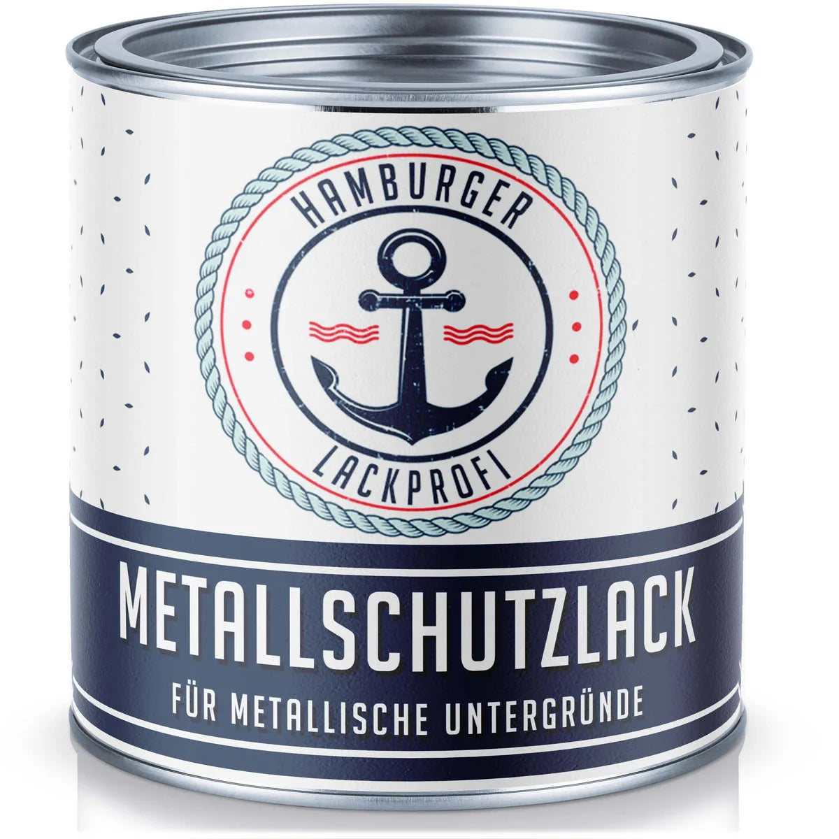 Biało-granatowa puszka farby ochronnej do metalu Hamburger Lackprofi z kotwicą na etykiecie.