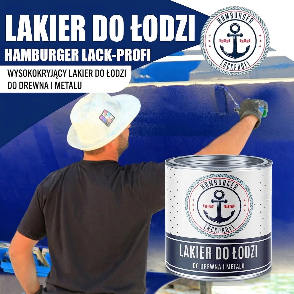Mężczyzna malujący łódź niebieską farbą Hamburger Lack-Profi. Wysokokryjący lakier do drewna i metalu.